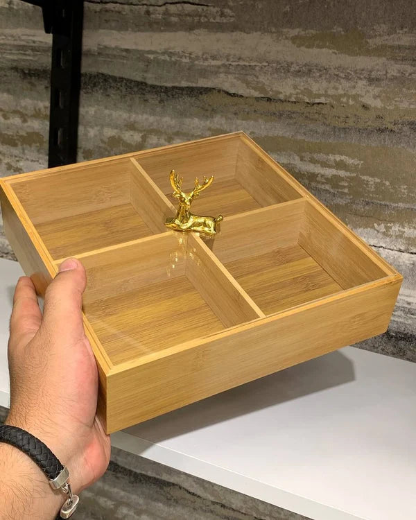 Bamboo 4-Partition Dry Fruit Tray – Square Wooden Serving Platter