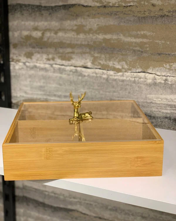 Bamboo 4-Partition Dry Fruit Tray – Square Wooden Serving Platter
