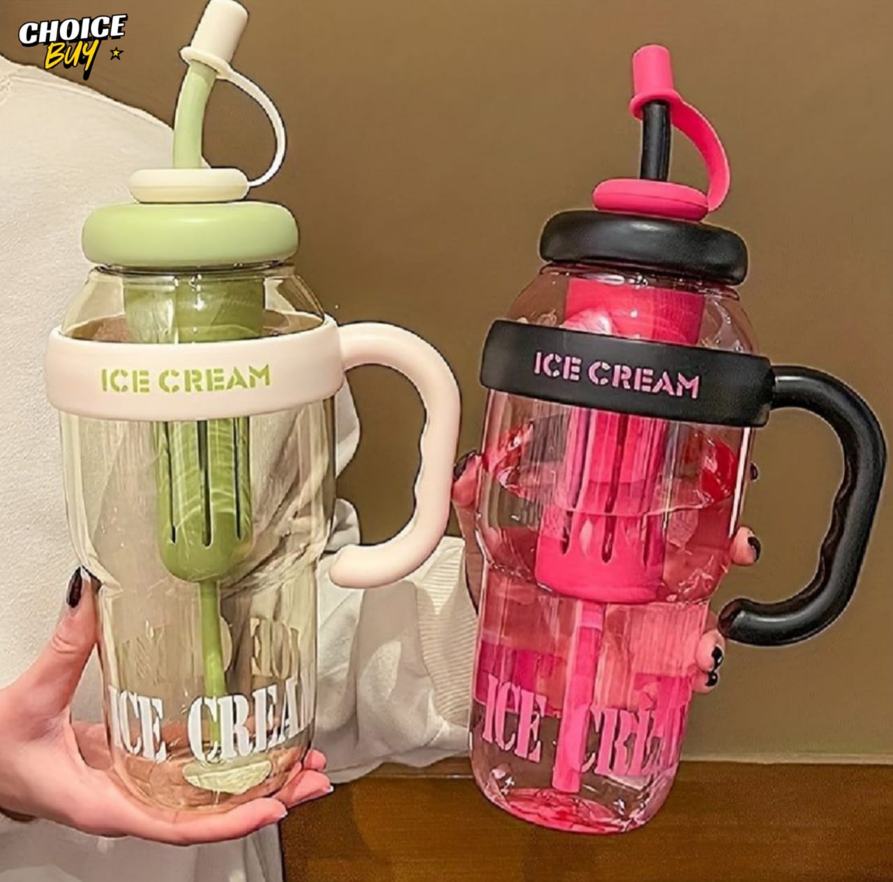 Ice Cream Style Water Bottle – 1200ml with Straw & Handle