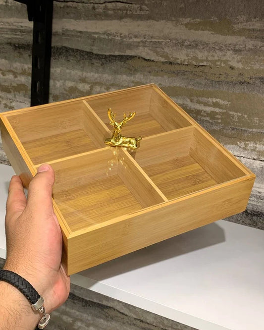 Bamboo 4-Partition Dry Fruit Tray – Square Wooden Serving Platter