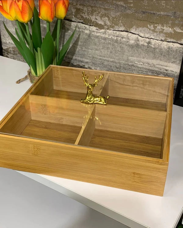 Bamboo 4-Partition Dry Fruit Tray – Square Wooden Serving Platter