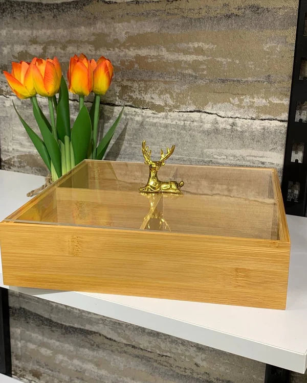 Bamboo 4-Partition Dry Fruit Tray – Square Wooden Serving Platter