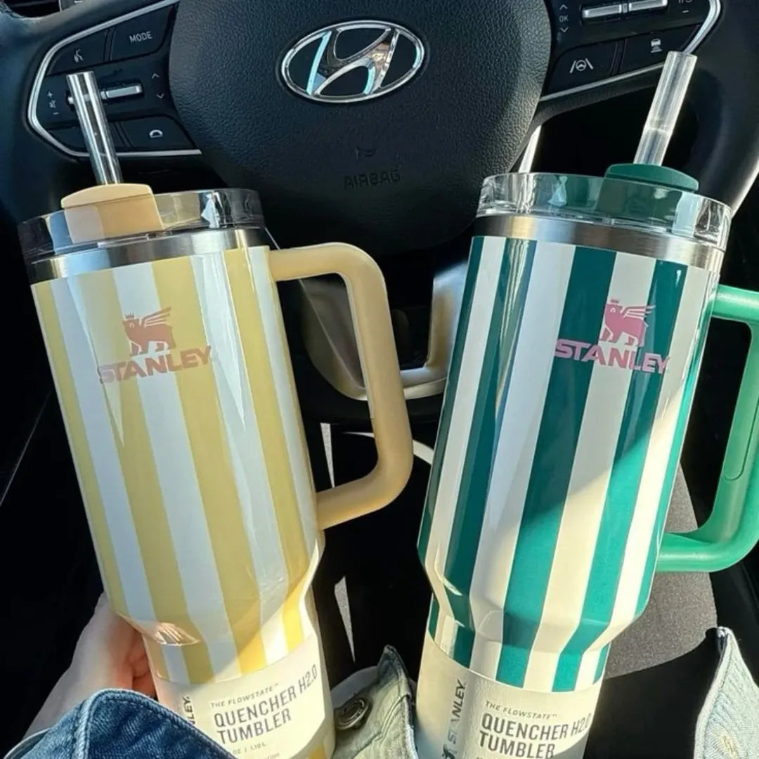 Stanley Quencher 40oz Tumbler with Handle – Striped Travel Mug with Lid & Straw for Iced Coffee, Water & More