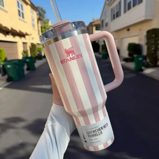 Stanley Quencher 40oz Tumbler with Handle – Striped Travel Mug with Lid & Straw for Iced Coffee, Water & More