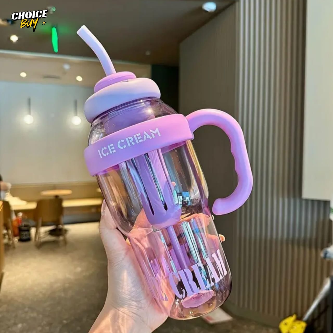 Ice Cream Style Water Bottle – 1200ml with Straw & Handle
