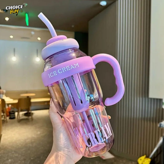 Ice Cream Style Water Bottle – 1200ml with Straw & Handle