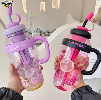 Ice Cream Style Water Bottle – 1200ml with Straw & Handle