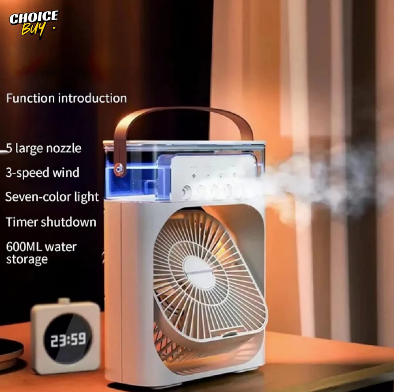 Mini AC Fan with Water Cooling, Humidifier, LED Light &  Speeds